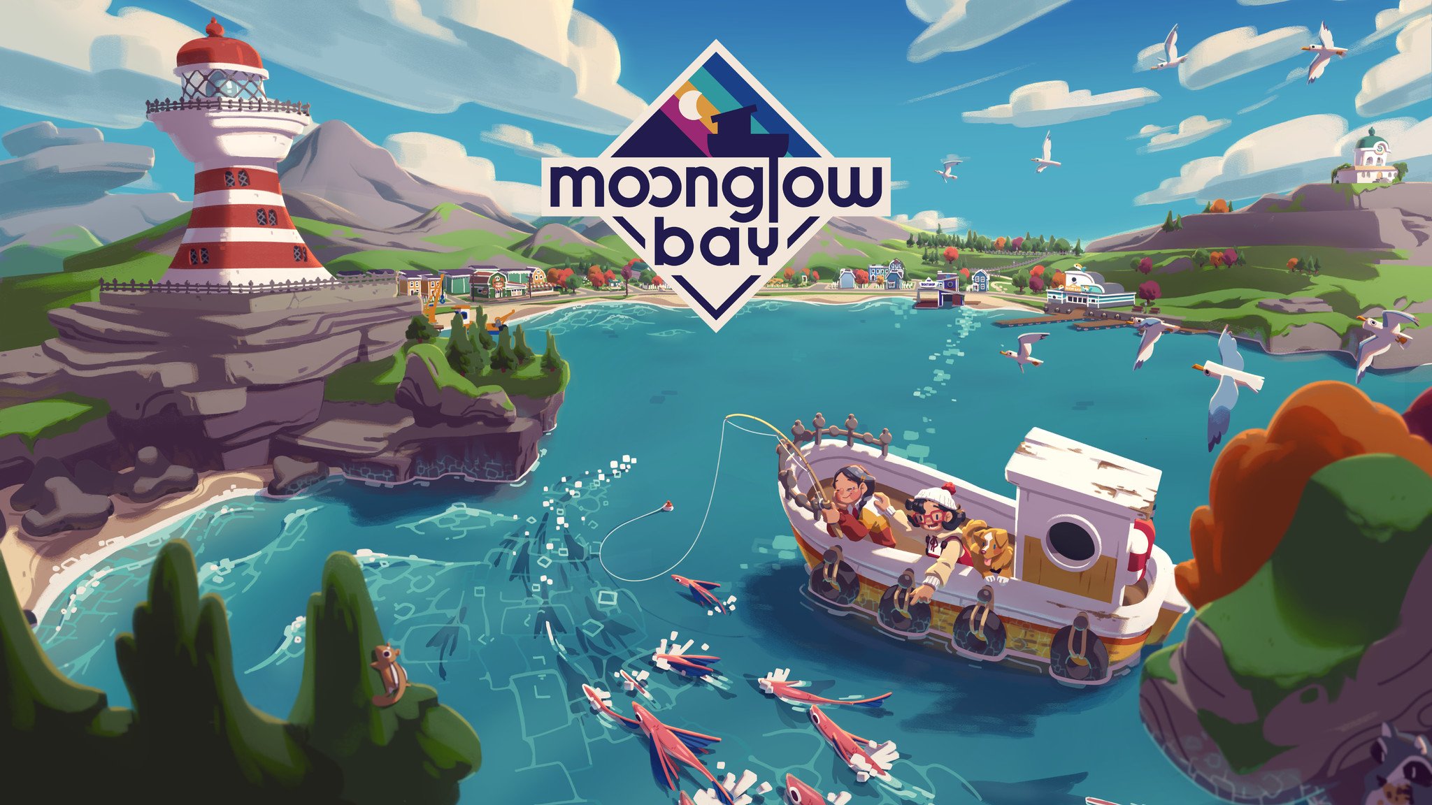 the official art for moonglow bay. it features one of the available player characters, this one an old woman in an orange sweater, fishing on the yellow boat with her daughter. there are moonglow flying fish in the water, seagulls above, and the town of moonglow bay in the distance with the lighthouse closest to them